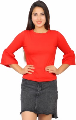 Christone Casual 3/4 Sleeve Solid Women Red Top