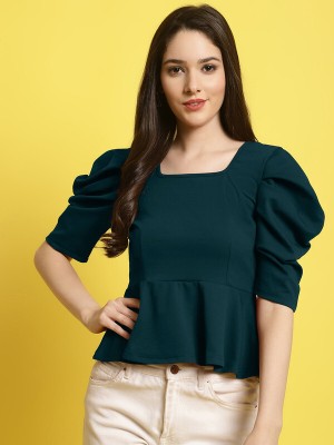 METRONAUT Casual Solid Women Dark Green Top