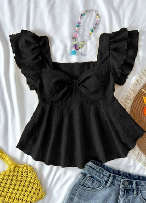 Vrishabhanulali Formal Floral Print Women Black Top