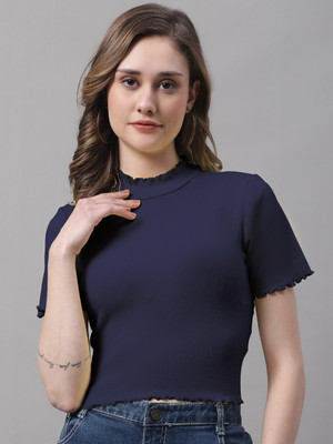 FBAR Casual Solid Women Dark Blue Top