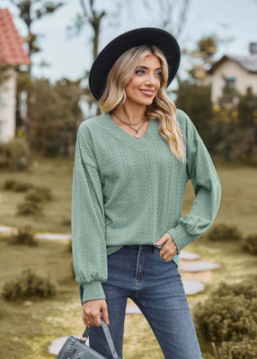 OUTZIDR Casual Self Design Women Green Top