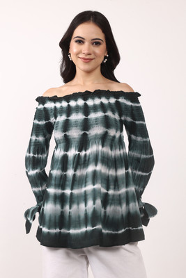 DADDY COME Casual Tie & Dye Women Green, White Top