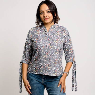 GROMint Casual Floral Print Women Grey Top