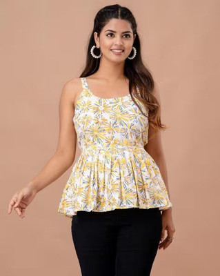 Rangun Casual Floral Print Women Yellow Top
