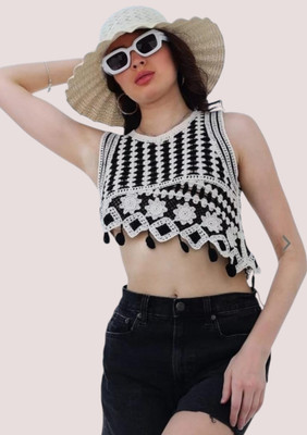 Epicedesigns Casual Self Design Women Black, White Top
