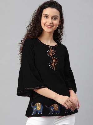Yash Gallery Casual Embroidered Women Black Top