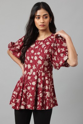 W Casual Floral Print Women Red Top