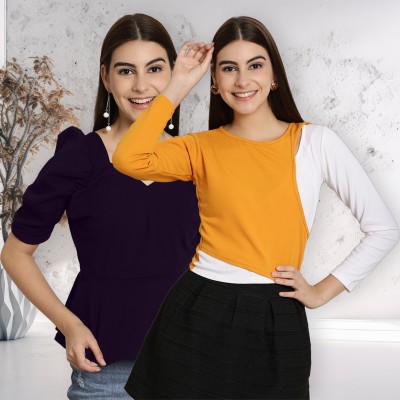 METRONAUT Casual Solid Women Yellow, White, Purple Top