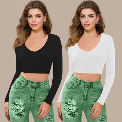 Maheshvi Casual Solid Women White, Black Top