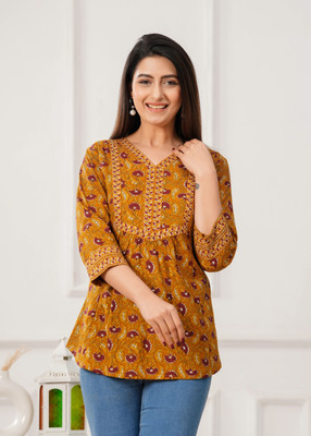 Threadflix Casual Printed Women Brown Top