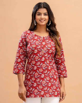 Rangun Casual Floral Print Women Red Top