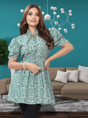 HouseOfCommon Casual Ethnic Motifs Women Light Blue Top