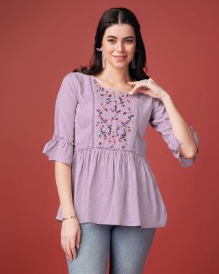 MOJILAA Casual Embroidered Women Purple Top