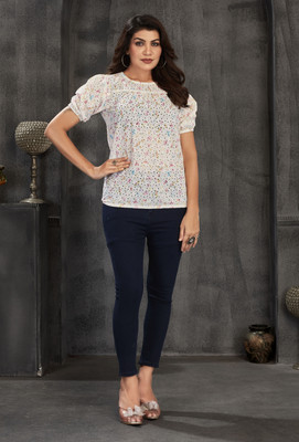 BoldStich Casual Printed, Self Design Women White Top
