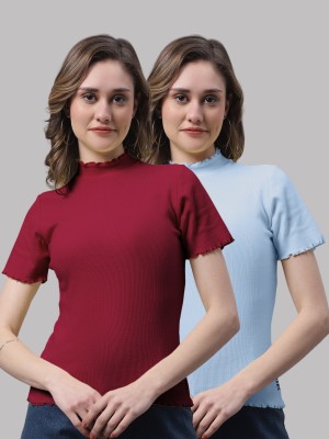 FBAR Casual Self Design Women Light Blue, Maroon Top