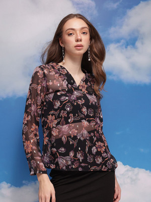 CORSICA Casual Floral Print Women Black Top