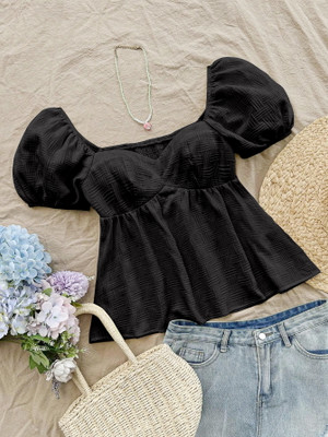 EMERYLA Casual Self Design Women Black Top