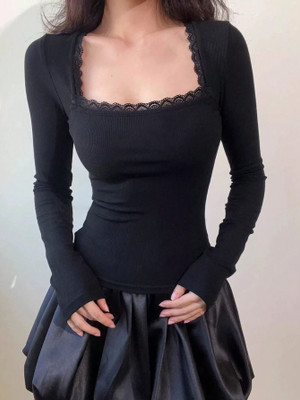 TIVANTE Casual Self Design Women Black Top