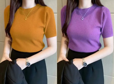 VABRU Casual Solid Women Yellow, Purple Top