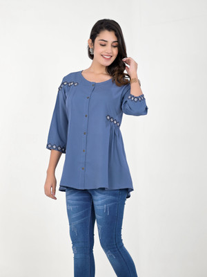 ZIBHI Party Embroidered, Solid Women Grey Top