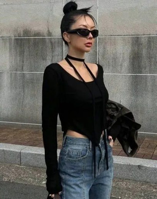 Heilig Casual Solid Women Black Top