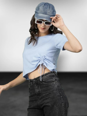 Ann Springs Casual Solid Women Light Blue Top