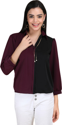 KalvinClo Casual Solid Women Maroon, Black Top