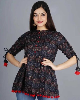 Poonam Casual Floral Print Women Black Top