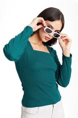 Berry Bird Casual Solid, Self Design Women Dark Green Top