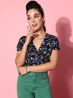 U&F Party Solid Women Dark Blue Top