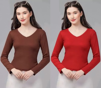 BQF Casual Solid Women Brown, Red Top