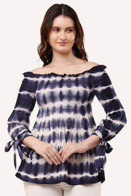 CLOTHINK India Casual Tie & Dye Women Dark Blue Top