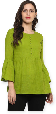Vasumati Textiles Casual Solid Women Light Green Top