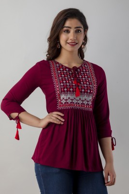 ANNU PARIDHAN Casual Embroidered Women Maroon Top