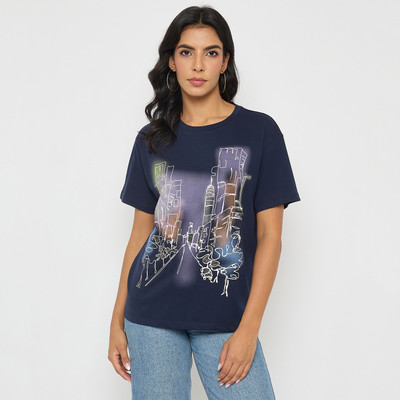 MADAME Casual Graphic Print Women Blue Top