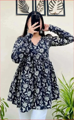 New RJP Craft Women Floral Print Flared Kurta(Black)
