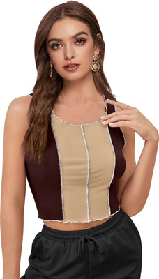 Sanjana Silk Casual Color Block Women Brown, Beige Top