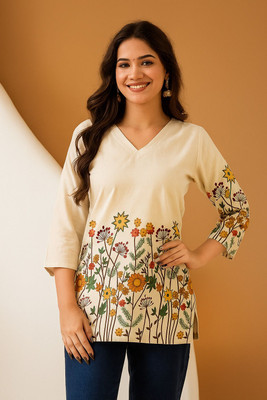 alteroutfit Casual Floral Print, Printed Women Beige Top