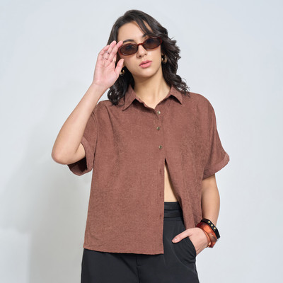 Honey By Pantaloons Women Solid Casual Brown Shirt
