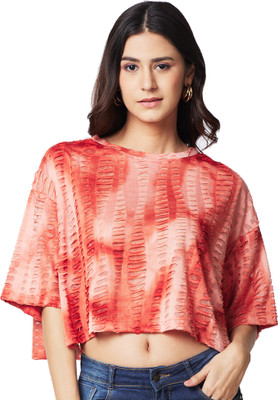 IZEL Casual Self Design Women Orange Top