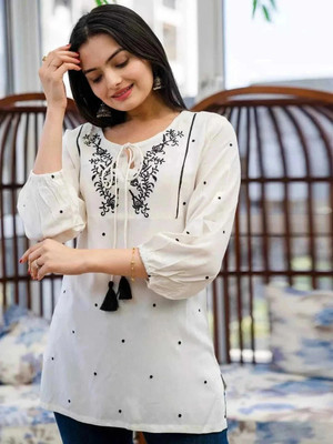 HouseOfCommon Women Polka Print A-line Kurta(White, Black)
