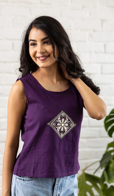 Hunar Casual Embroidered Women Purple Top
