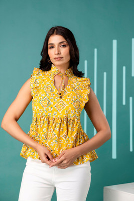 JYOTISHA Casual Geometric Print, Floral Print Women Yellow Top