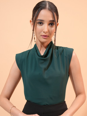 Tokyo Talkies Casual Solid Women Dark Green Top