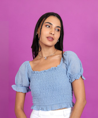 Tokyo Talkies Casual Solid Women Light Blue Top