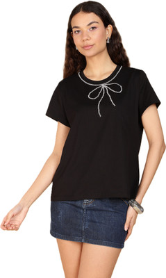 SIMPLICTEE Casual Embellished Women Black Top