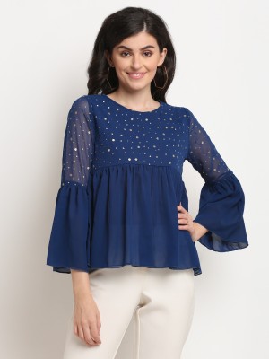 La Zoire Party Solid Women Blue Top