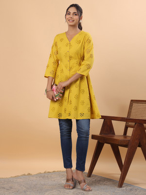 Janasya Women Self Design A-line Kurta(Yellow)