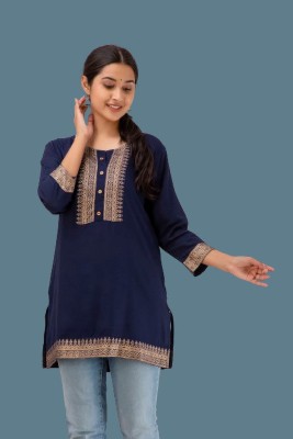 Western Cotton Casual Embroidered Women Dark Blue Top