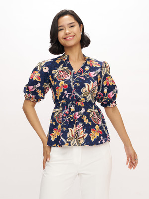 AASK Casual Floral Print, Printed Women Dark Blue Top
